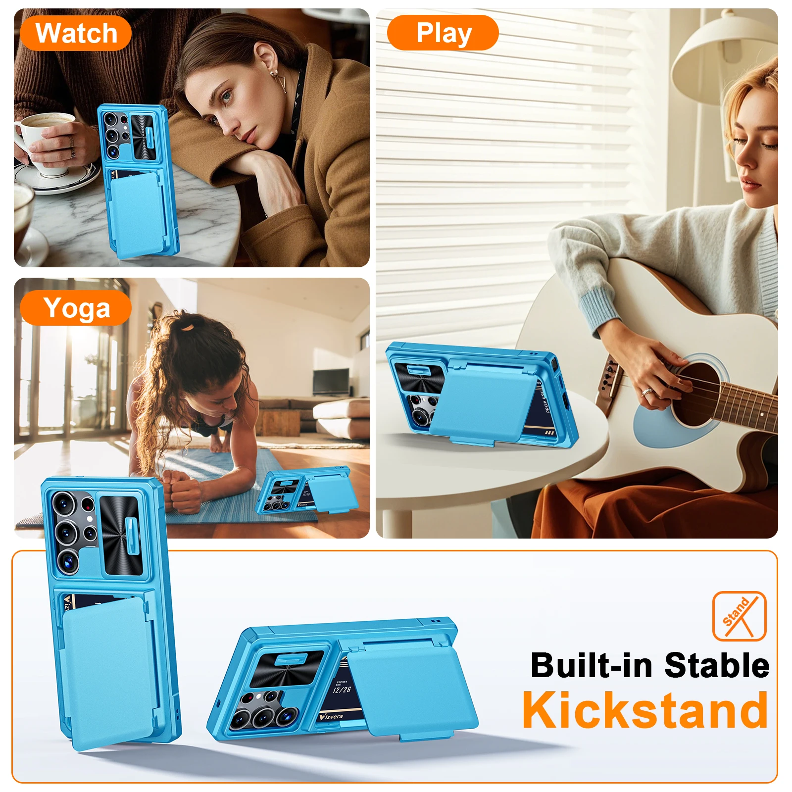 Card Holder Sliding Camera Cover and Stand Anti-Fall Wallet Case, PC+TPU Protective Phone Case