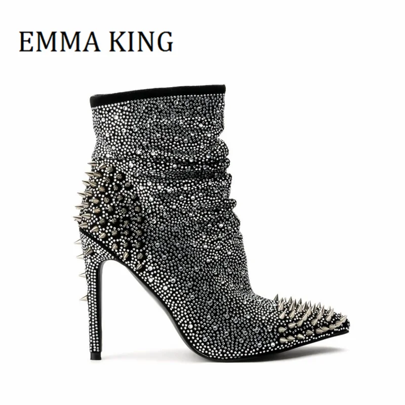 

Spring Fall Women Rhinestone Spike Stiletto Bootie Female Sexy Pointed Toe Crystal Ankle Boots Bling Banquet Booties Shoes