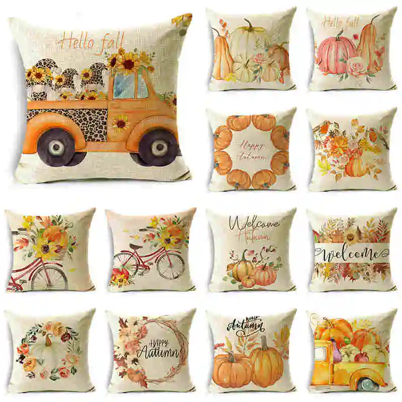 

TFAN Pumpkin Car Autumn Linen Pillowcase Maple Leaves for Sofa Bedroom Cushion Cover Decor 40cm 45cm 50cm Multiple Sizes