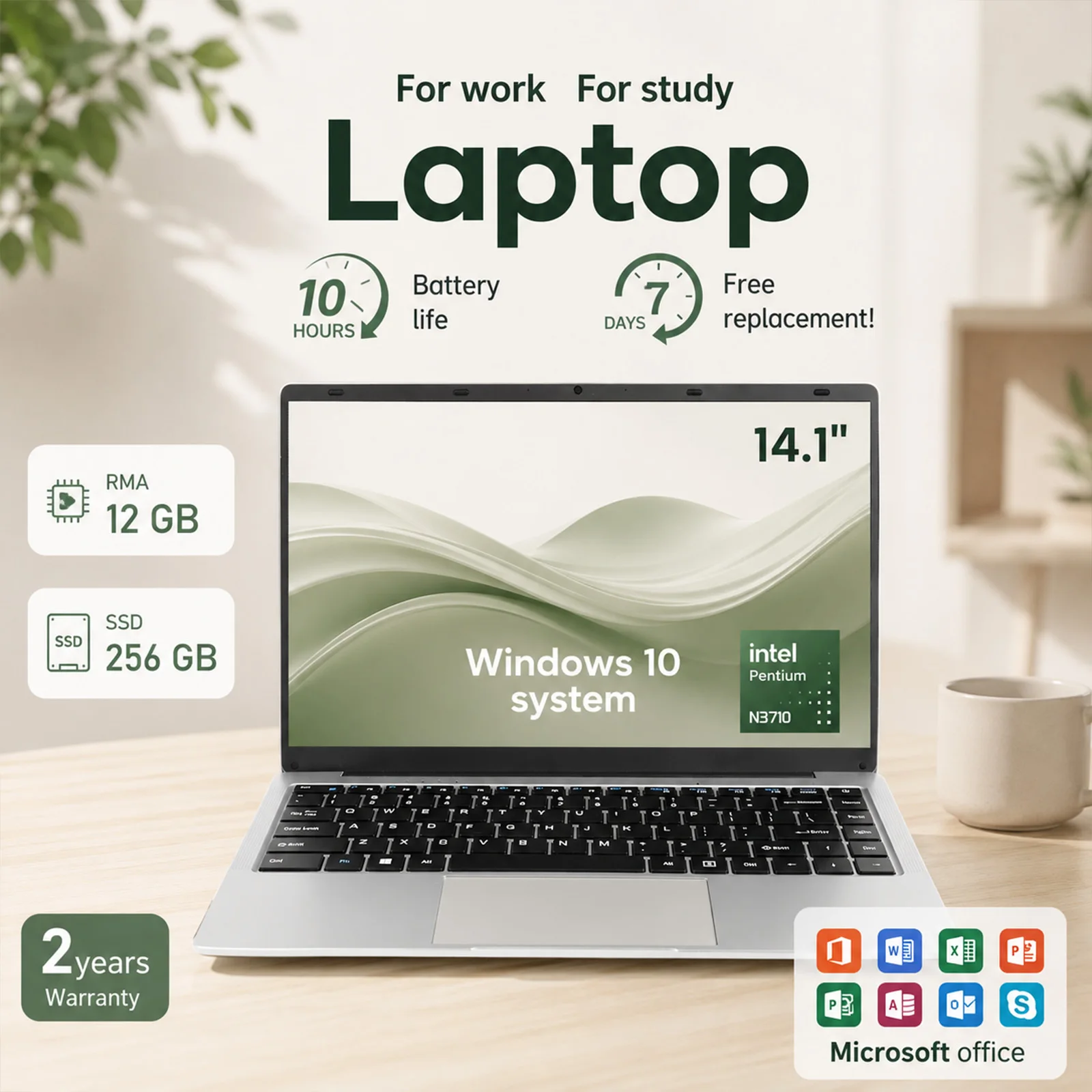 14.1 Inch Laptop Intel N3710 Quad Core 12GB RAM 256GB SSD Windows 10 Notebook Computer FHD 1080P IPS Display Portable Ultrabook 180° Open WiFi Bluetooth Mini HDMI USB 3.0 Grande batterie de 5000 mAh, longue durée de vie Student Office Business Laptop PC - immagine 2