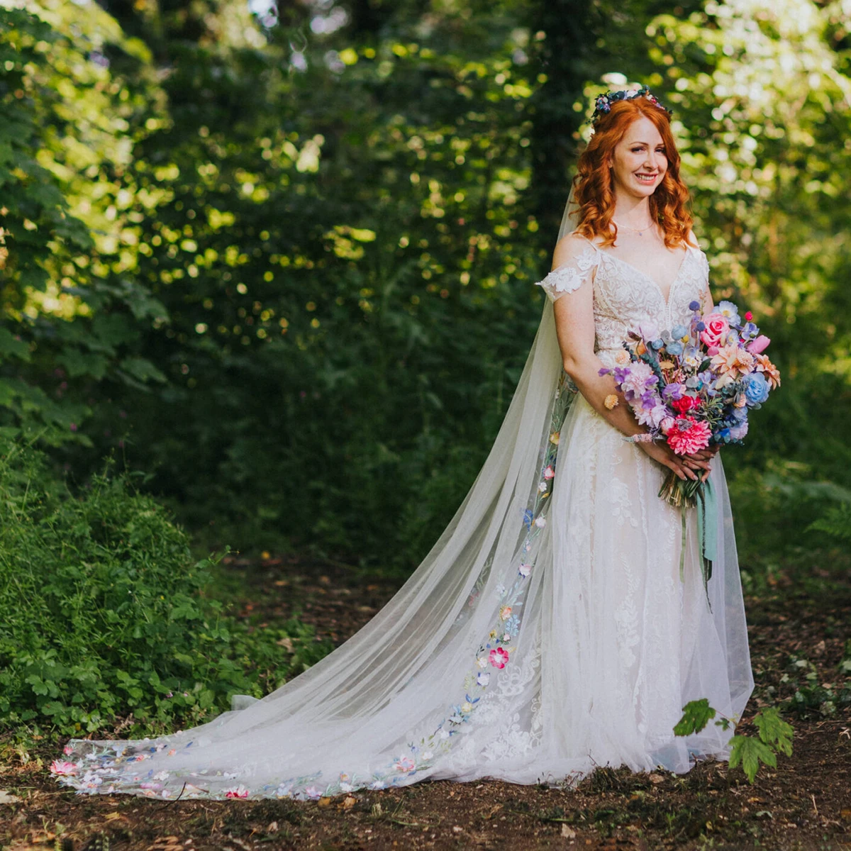 Colourful 3D Wildflower Edge Embroidered Bridal Veil Handmade
