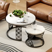 Ensemble de 2 tables basses, tables d'appoint rondes modernes, table de salon avec un design en marbre, structure en métal et plateau en MDF 2