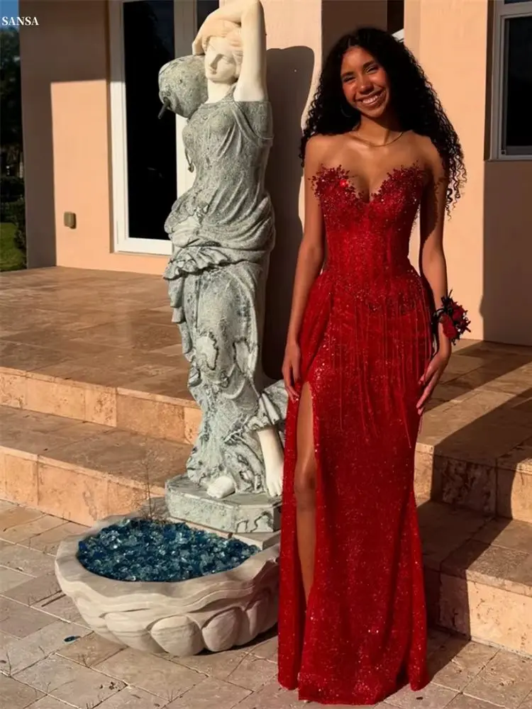 Sansa Customized Red Trumpet Corset Side High Split Prom Dress Pleats Sleeveless Vestidos De Noche Floor-Length Formal Evening