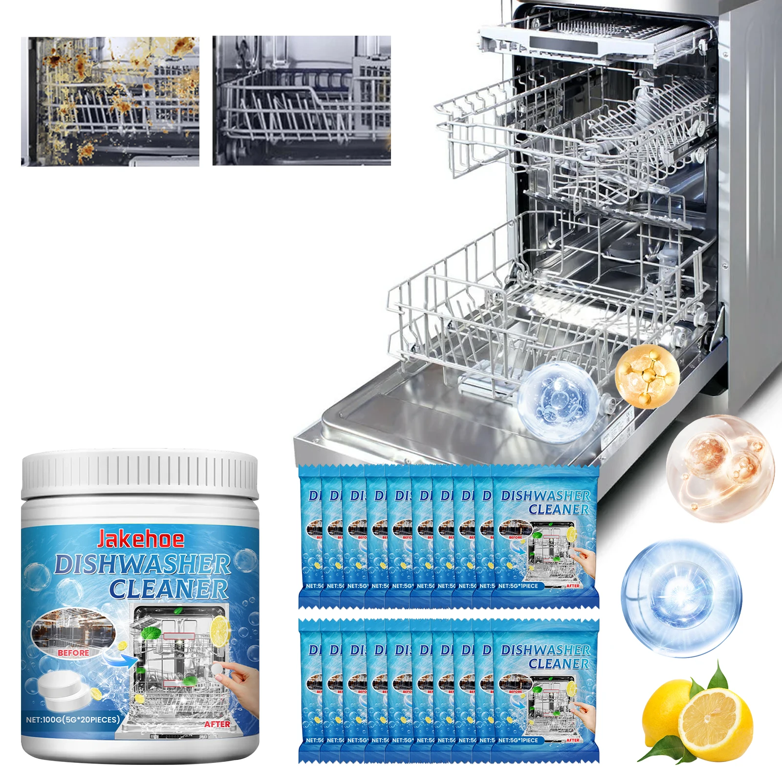 Jakehoe 20pcs Kitchen Degreaser Cleaner Dishwasher Coffee Machine Refrigerator Heavy Oil Stain Clean Limescale Remover Tablets