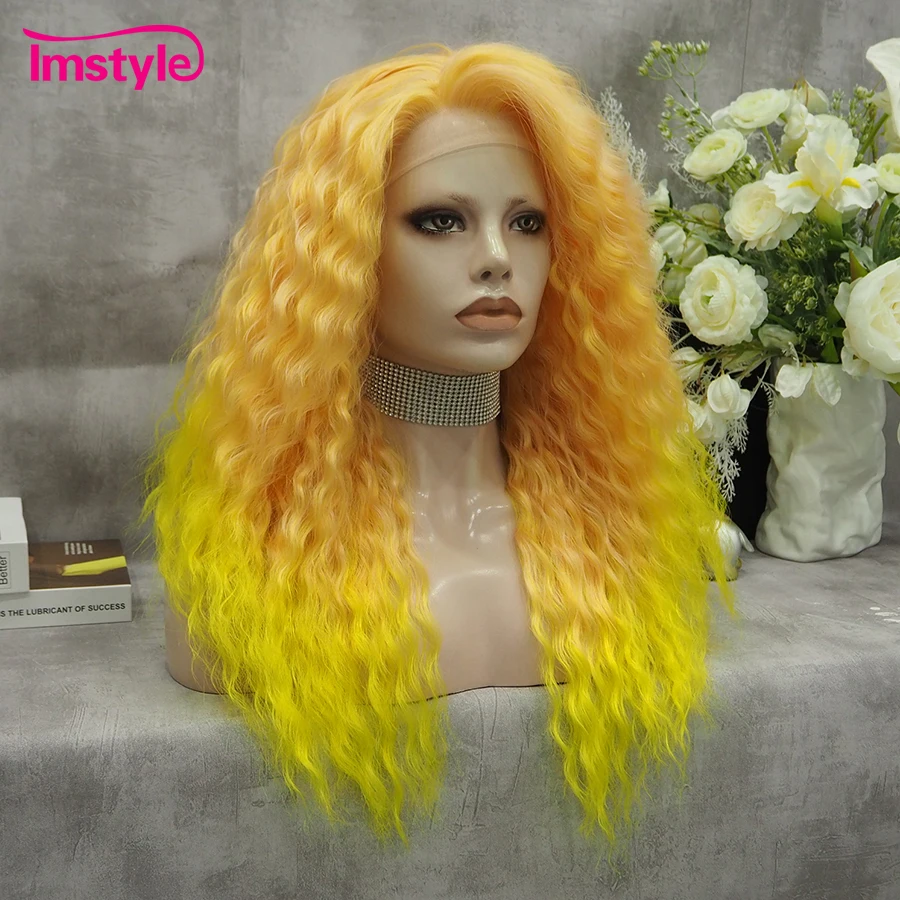 Imstyle Curly Synthetic Lace Front Wig Ombre Orange Wigs For Women Cosplay Deep Wave Wig Two Tone Heat Resistant 22 Inch