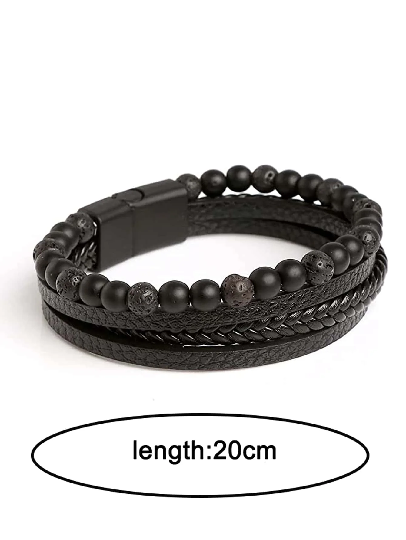Vintage Men's Natural Stone Lava Matte Black Onyx Multi-Layer Leather Beaded Bracelet leather bracelet beaded bracelet stone bracelet