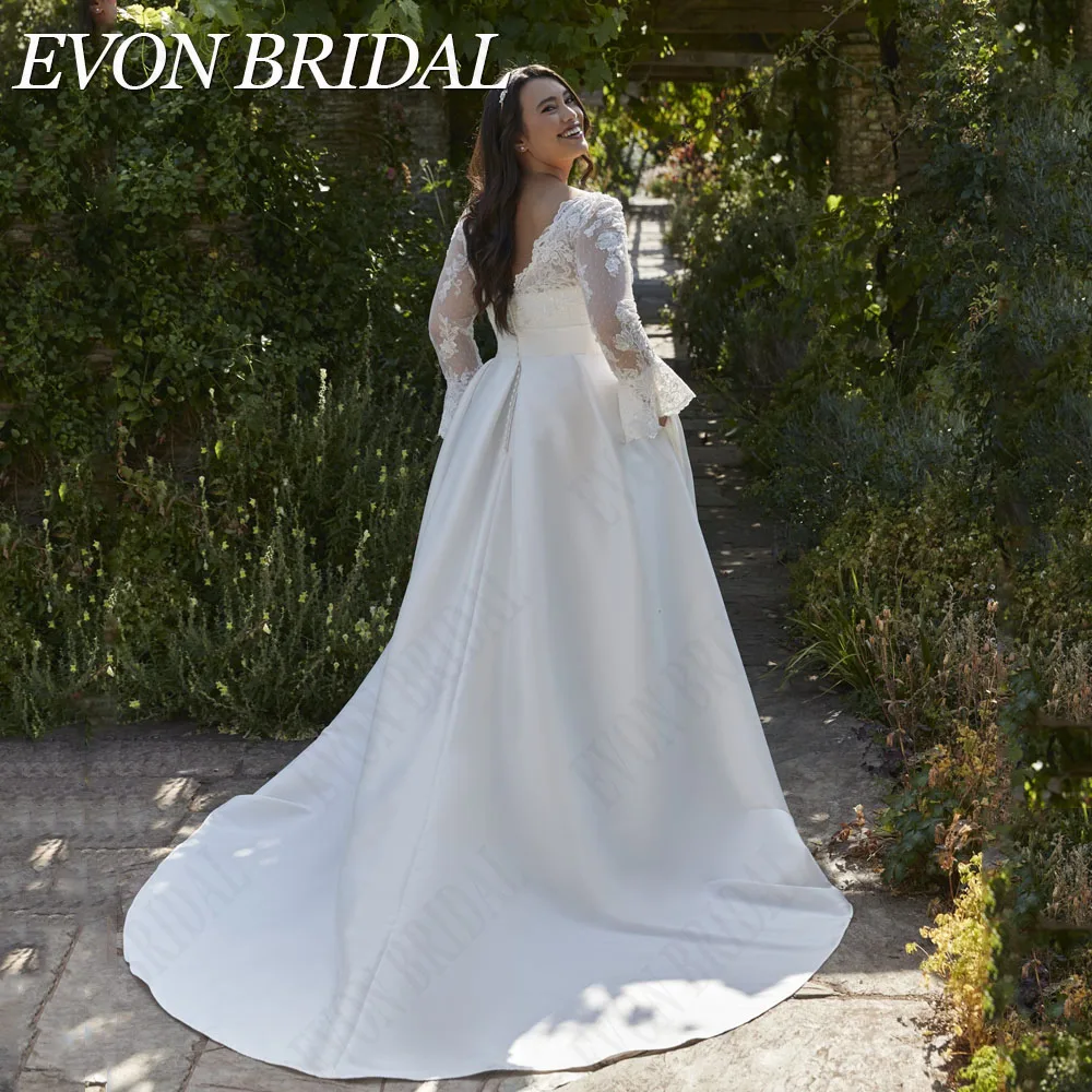 EVON BRIDAL Vintage Plus Size Lace Wedding Dress V-Neck Satin A-Line vestidos novias boda Bride Gowns Applique Custom Made 3