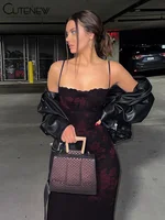 Cutenew – Robe longue en dentelle rouge, imprimé Floral, bretelles de poitrine, Sexy, dos nu, Slim, élégante, pour dames, Clubwear 6