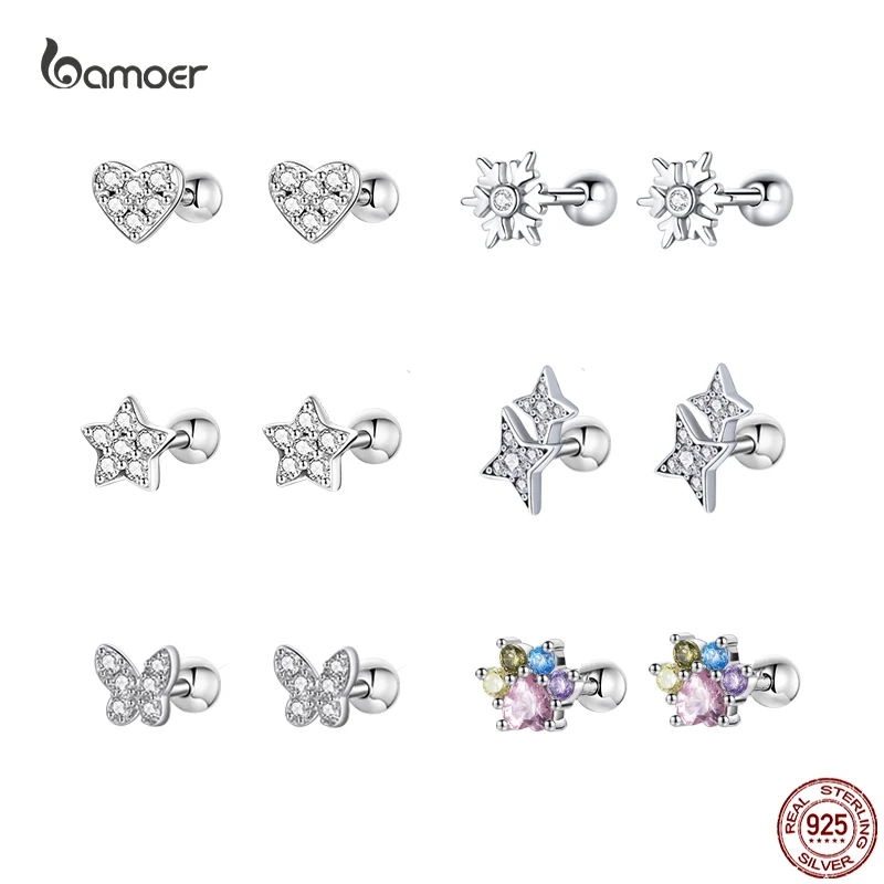 

Bamoer Fashion Mini Star Love Piercing Earrings for Women Genuine 925 Sterling Silver Animal Butterfly Ear Studs Fine Jewelry