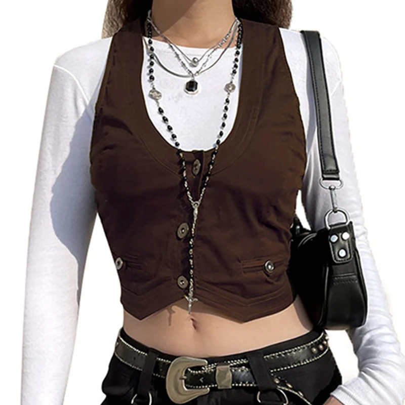 y2k PU Leather Vest Vintage Aesthetic Women V Neck Sleeveless Button Tank Tops 2000s Dark Academia Tshirt Waistcoat