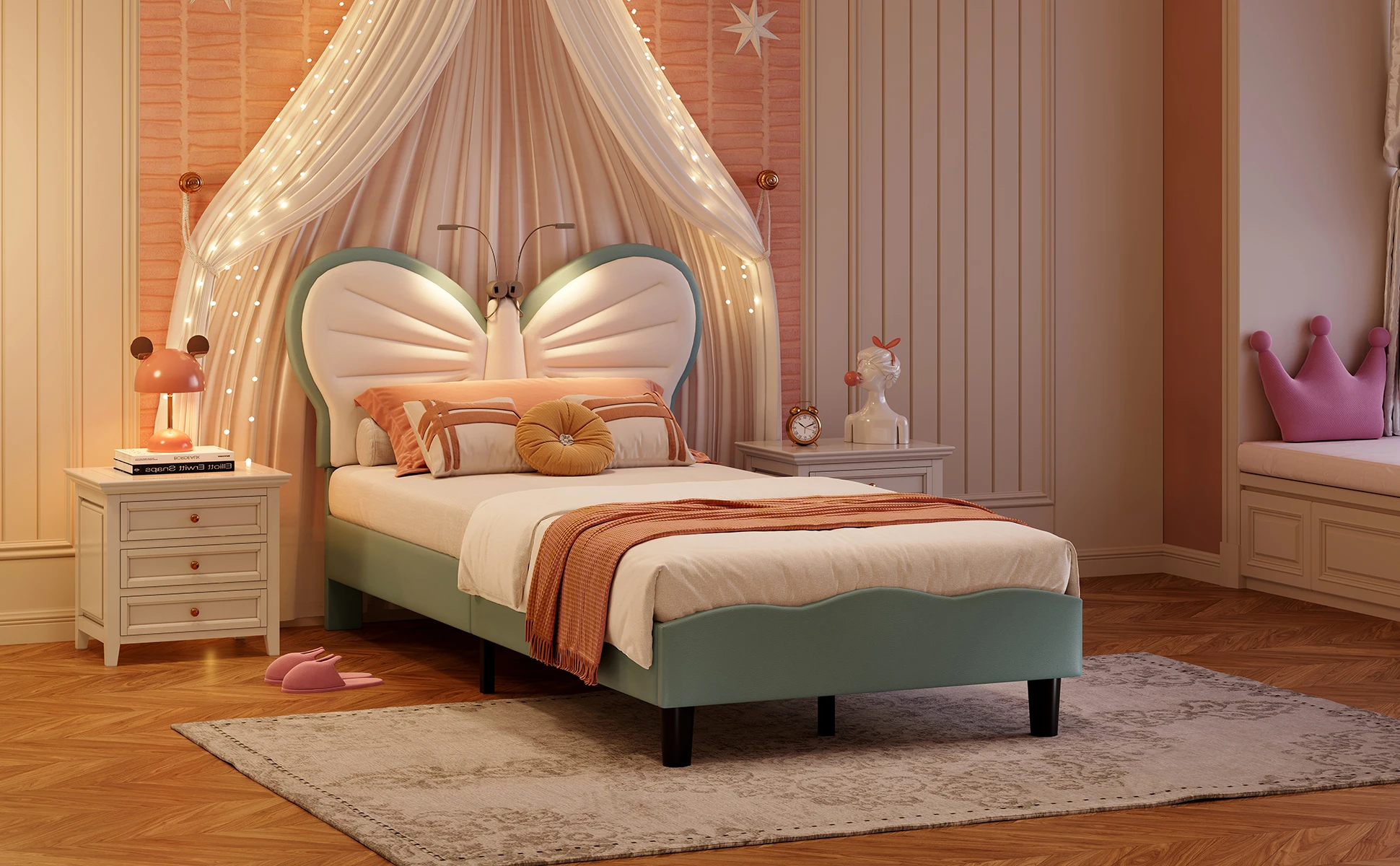 Rosahqnda gepolstertes Einzelbett 90 x 200 cm mit Leselampe, Lattenrost und Bettrahmen, Schmetterlings-PU-Bett – Detail 2