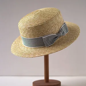 Wide Brim Boater Hats Flat Top Sun Hat Stripe Ribbon Bow Summer Fedoras Hats Ladies Derby Hat Stage Performance Beach Party Hat