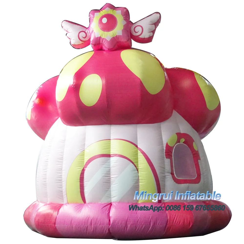 Inflatable Mushroom Bouncing House for Rental, Small Cat with Bow Tie, Pink alice pink mushroom