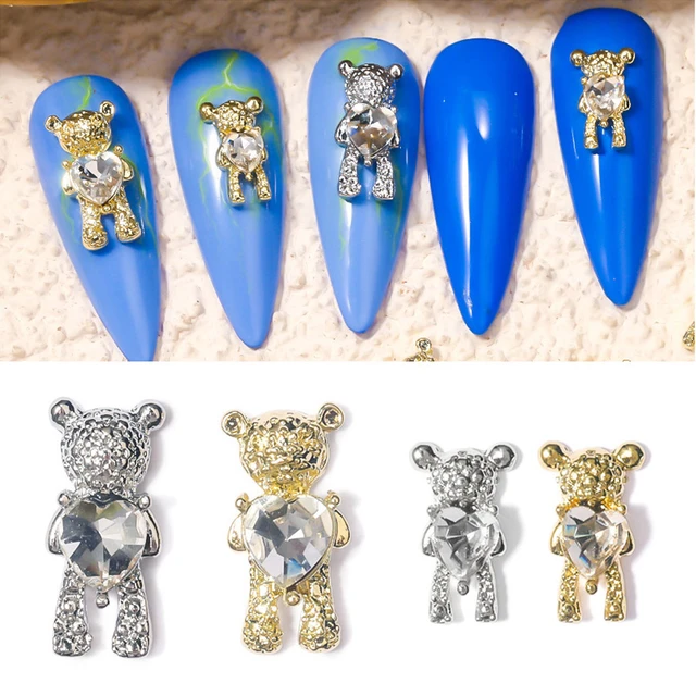 20PCS Cartoon Gold & Silver Bow Bear Nail Charm Shining Pearl Crystal Hug  Bear Nail Jewelry