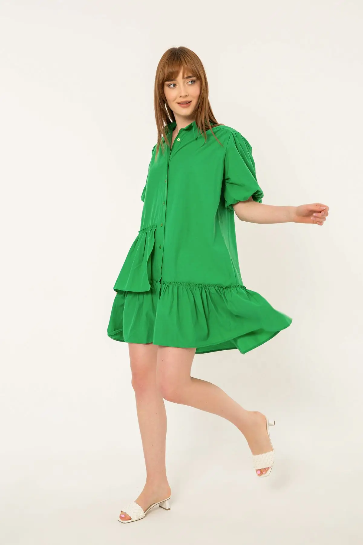 

2022 summer Soft Fabric Luxury Brand Ruffle Detail Casual Women Dress Green Summer Holiday Kts