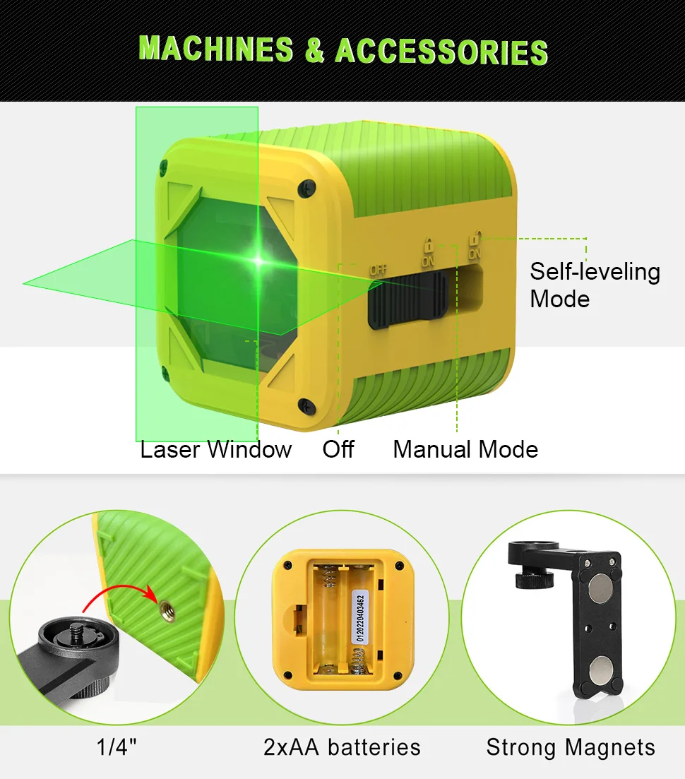 HEIPOE PRO011G Self-leveling Laser Level Outdoor Green Cross 2 Line Laser Level with Vertical Beam Spread Covers