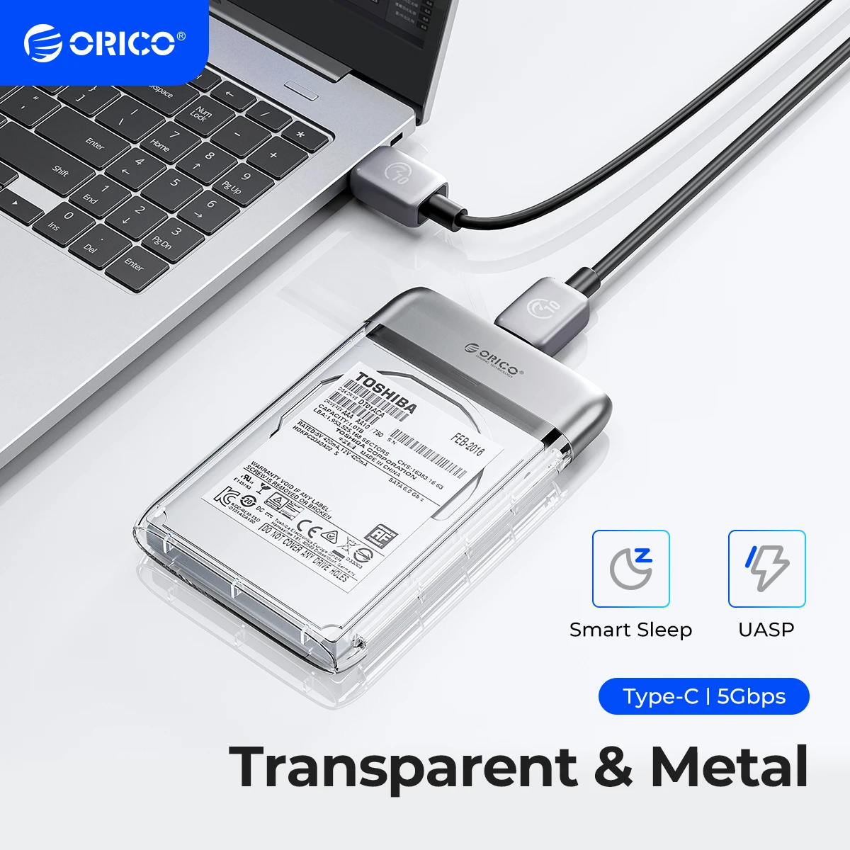 Orico-transparente Tipo-c Gabinete de Disco Rígido Metal Hdd Case Suporte Auto Dormir pc Laptop Notebook 2.5 Usb 3.0 5gbps