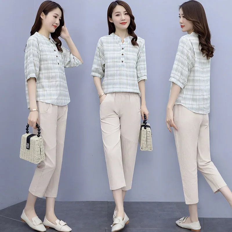 new Pink Linen Trouser Suits Women Loose Short Sleeve Single Breasted Long Shirts Casual Wide Leg Pants Set Woman 2 Pieces