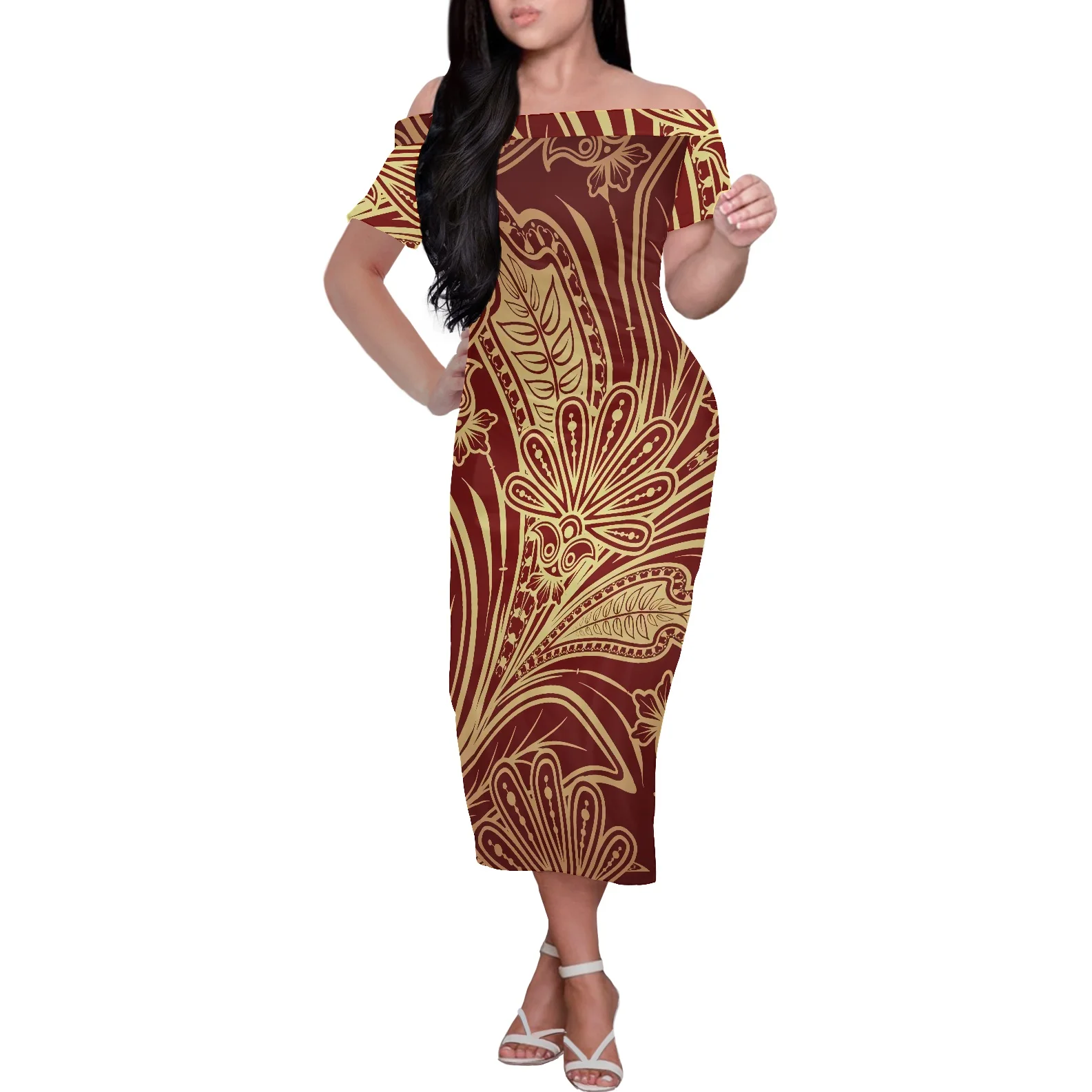 

Women Off Shoulder Dress Elegant Women's Party Dress New Design Luxurious Golden Baroque Flower Printing Short Sleeve Long Dress