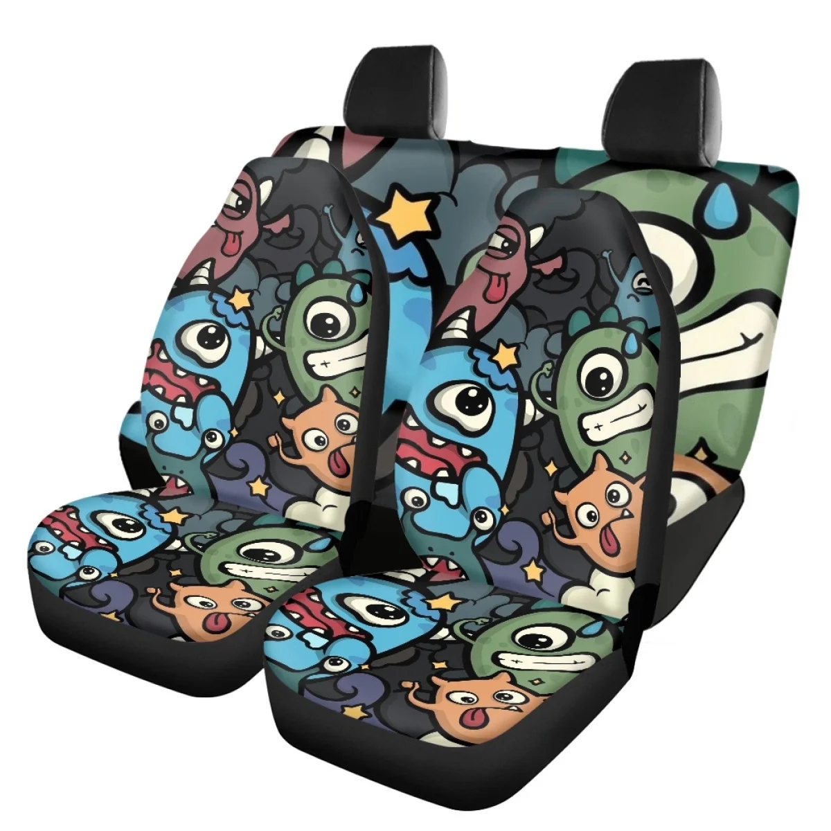 

Funny Cartoon Anime Monster Car Accessories Front Back Seat Cover Set Vehicle Clean Protector Fit for SUV Truck Vans Set of 4