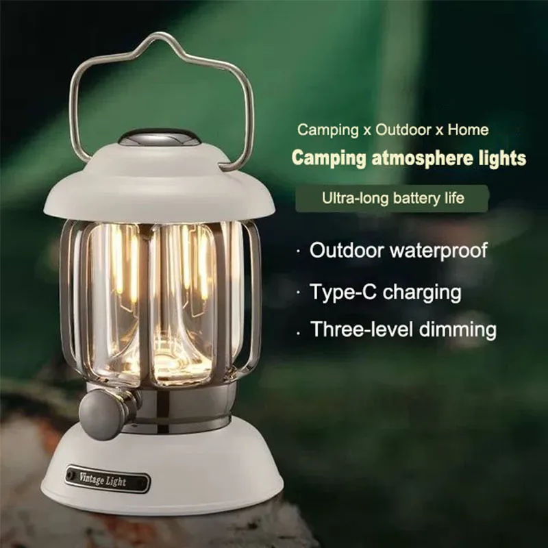 Rechargeable Camping Lantern Aluminum Alloy Vintage Pendant Light Waterproof Stepless Dimming Outdoor Adventure picnic Home