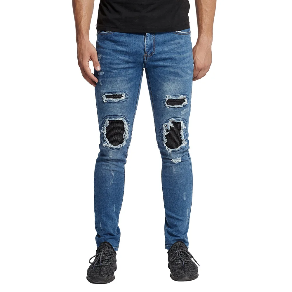 

Men's Beggar Jeans Personality Retro Stretch Ripped Patchwork High Street Slim Fit Jogger Trousers Broken Holes Pencil Jeans