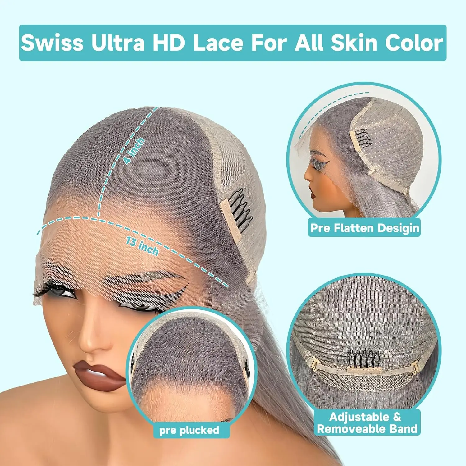 250 Density Silver Grey HD Lace Front Human Hair Wigs Pre Plucked Bone Straight 613 Colored 13X4 Lace Frontal Wigs Human Hair