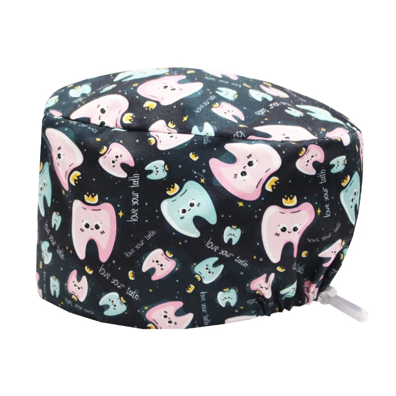 Tooth Printing Scrubs Hat Women Breathable Dentist Scrub Cap Beauty Salon Dustproof Work Hat Lab Clinic Protection Caps K981