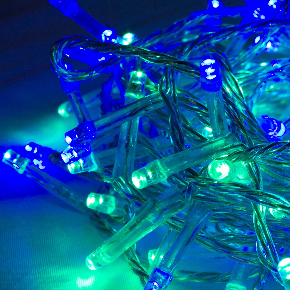 La Merced Importadora Serie de Luces LED Azul/Verde Serie Azul con Verde Navideña 100 Led Cable Transparente 8 Funciones 6 metros, Decoración arboles de Navidad, Luz Navideña, jardines, Bodas
