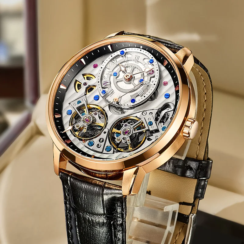 JINLERY Special Double Flywheel Tourbillon Watch for Men Automatic Wristwatch Fashion Mechanical Luxury Clock Relogio Masculino 1