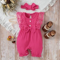 3-24M 2024 Baby girl Cotton Soft cute casual sleeveless summer jumpsuit With Bow +Headband 1