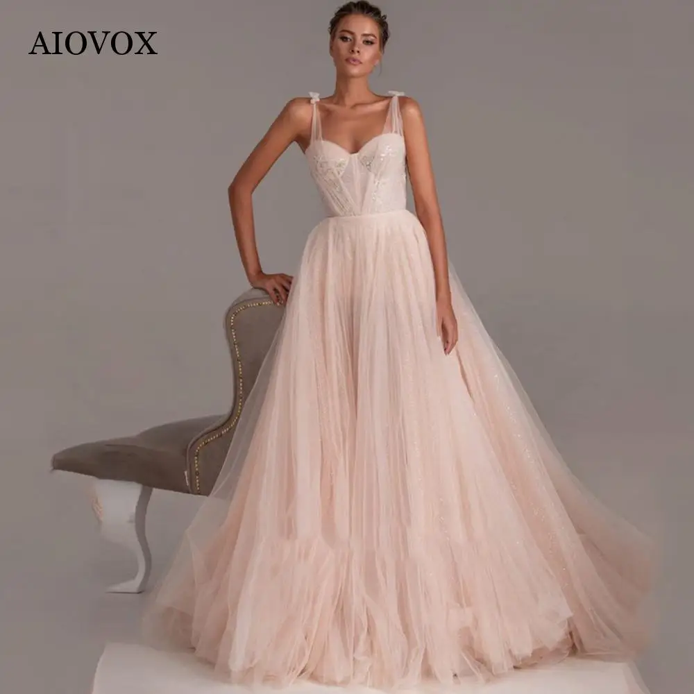 

AIOVOX Princess Light Pink Prom Dresses Simple Tulle Sweetheart Appliques Sequin Party Dress A-Line Floor-Length Robes De Soirée