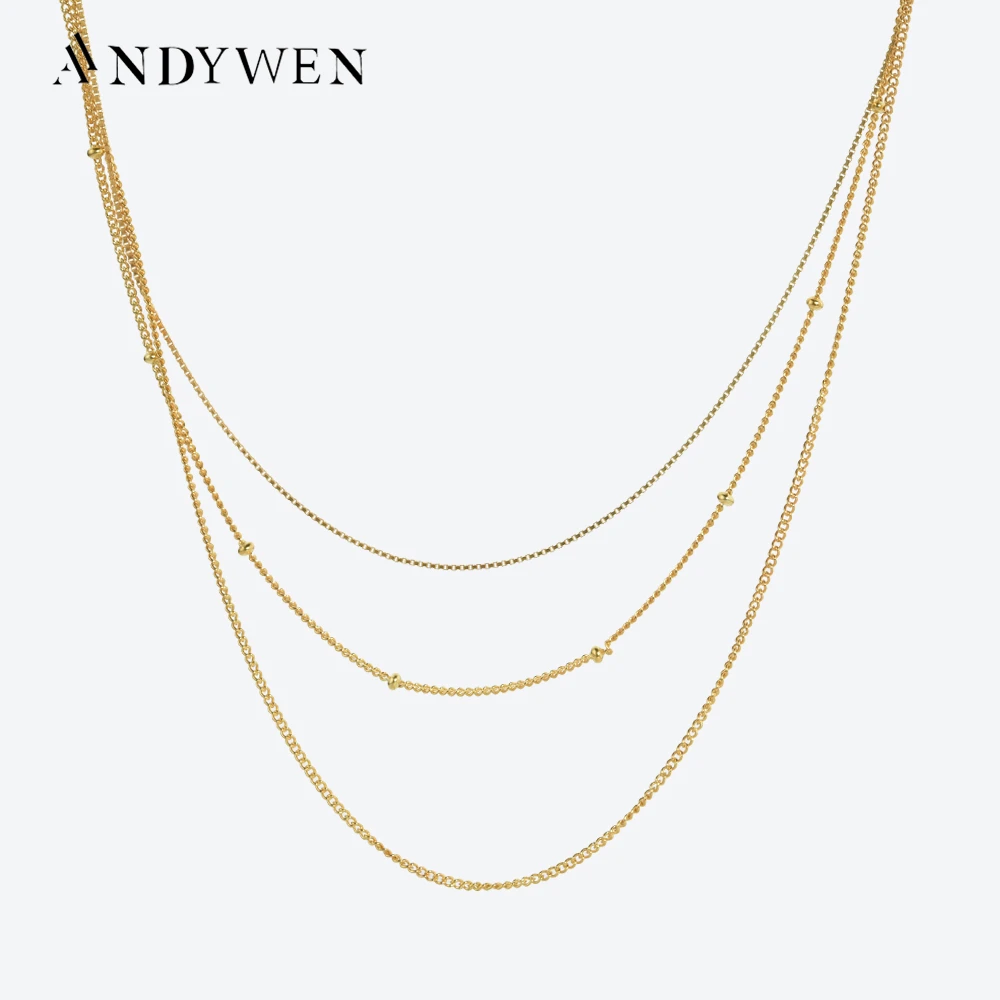 Andywen 925 Sterling Silver Gold 3 In 1 Choker Collana A Tripla Catena Mix Beads Box Locker Collar Catene A Strati Da Donna Gioielleria Raffinata