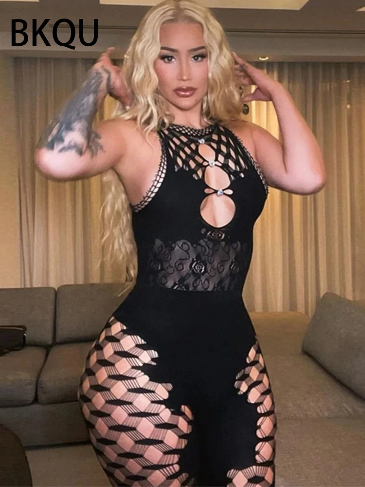 

BKQU Elastic Skinny Sleeveless Jumpsuit Mesh Patchwork Diamond Hollow Out Sexy One Piece Rompers 2023 Summer Night Club Overalls