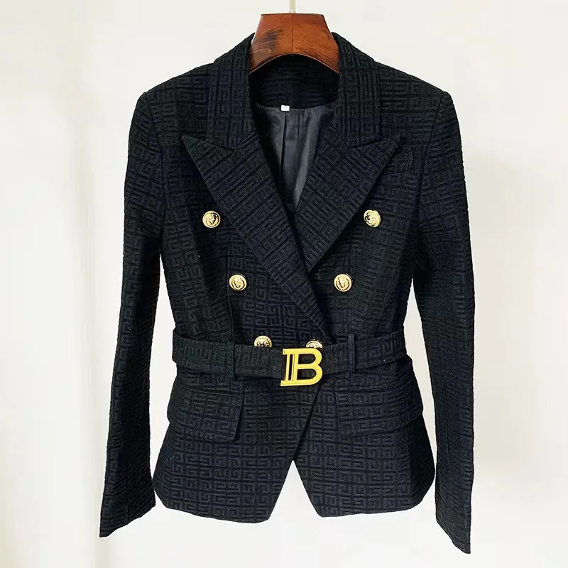 

High Quality Blazer 2022 For Women Elegant Suit Gingham Lace-up Notched Gold Buttons Polyester Slim Casual Party Club Summer