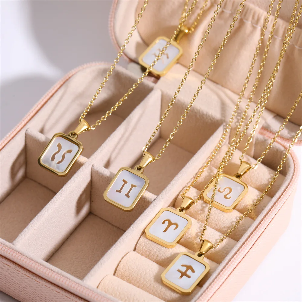 

KouCh Stainless Steel White Shell Rectangle Pendant Necklaces Constellation Luxury Woman's Choker Hole Designer Pattern Gifts