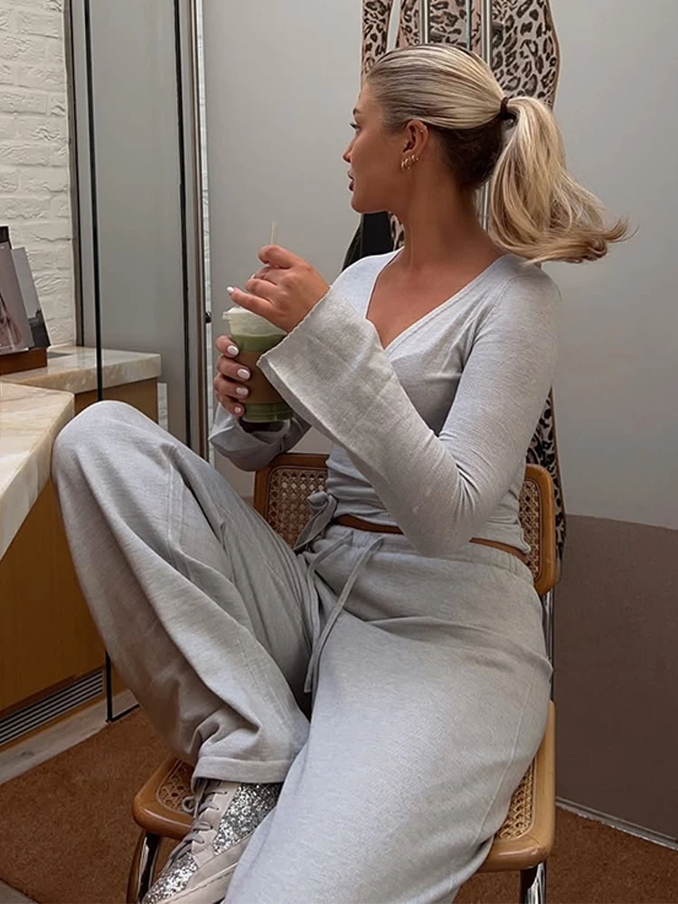 Absobe Autumn Winter Loose Pants Leisure Suit Women Flare Sleeve Crop Cardigan Top Lace-up Solid 2 Piece Set Fashion Outfit 4