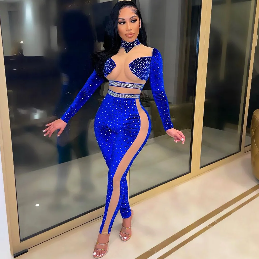 

H.Y 2022 Autumn New Fashion Trend Sexy Long Sleeve Trousers Mesh Transparent Hot Drill One-Piece Nightclub Party SK2261
