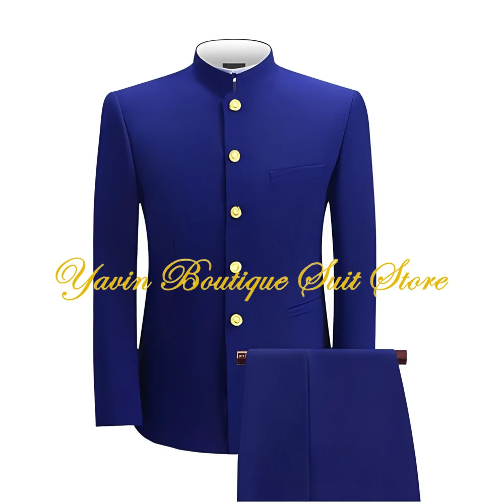 Men's Chinese Tunic Suit Slim Fit 2 Pieces Suits Stand Collar Jacket Front Button Blazer Pants Set