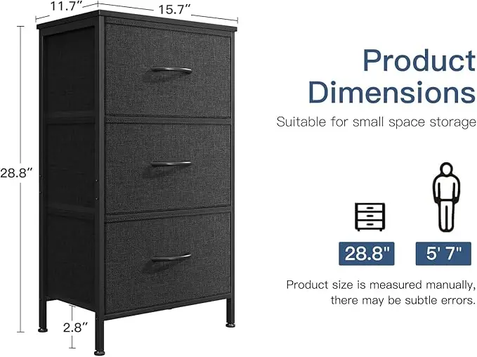 3 - Drawer Small Fabric Dresser for Bedroom Nightstand. Closet Organizers and Storage. Black 3