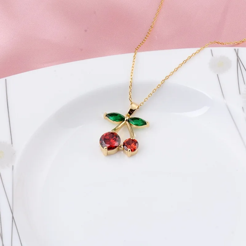 Cherry Pendant Necklace With Red Zircon And Elegant Korean Style_voghion.com