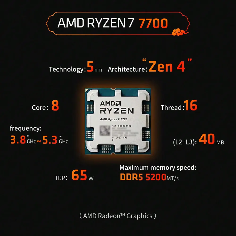 AMD R 7 7700 Gaming CPU L2+L3 Cache 40MB Zen 4 8core 16 thread AM5 65W TSMC 5nm FinFET PCIe 5.0 AMD Radeon&trade;Graphics