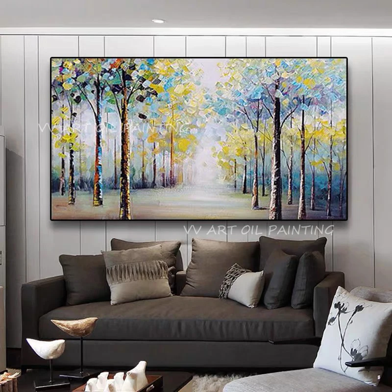 

New Design 100% handmade knife street thick tree forest landscape colorful picture poster Oil painting Simple Design Wall Art
