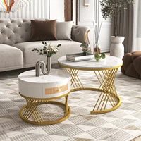 Rosahqnda Table basse ronde 2 en 1 MDF avec plateau en marbre et tiroirs en plastique 5