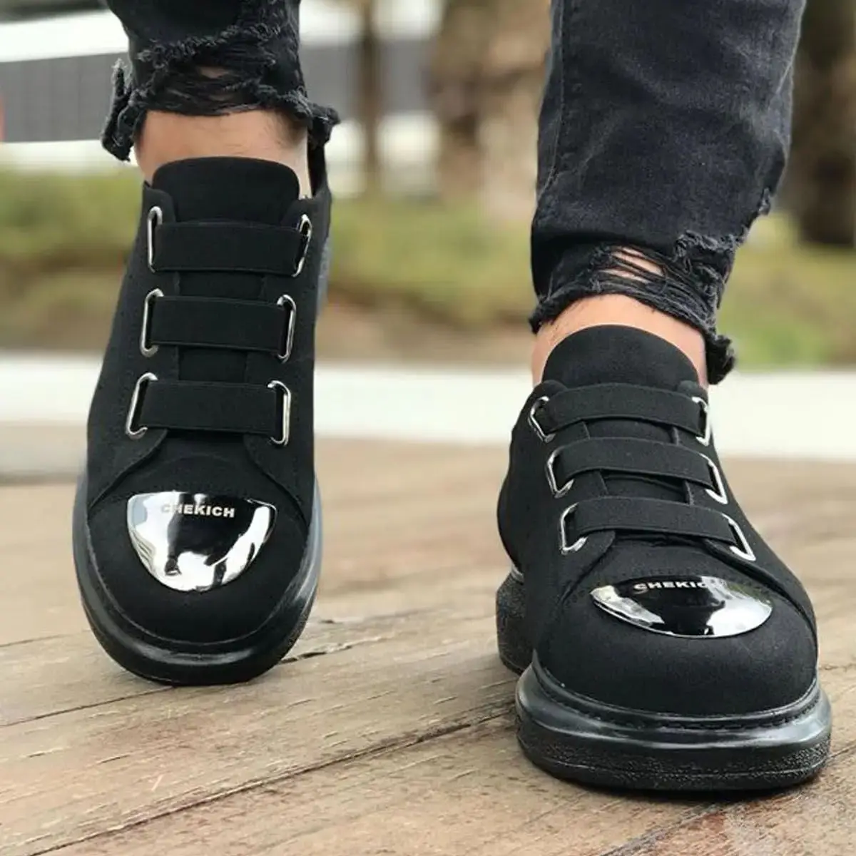 

CHEKICH Original Brand Black Color 2024 men's sneakers for Summer with Elastic band Mirror Decorated quality leather Shoes CH251
