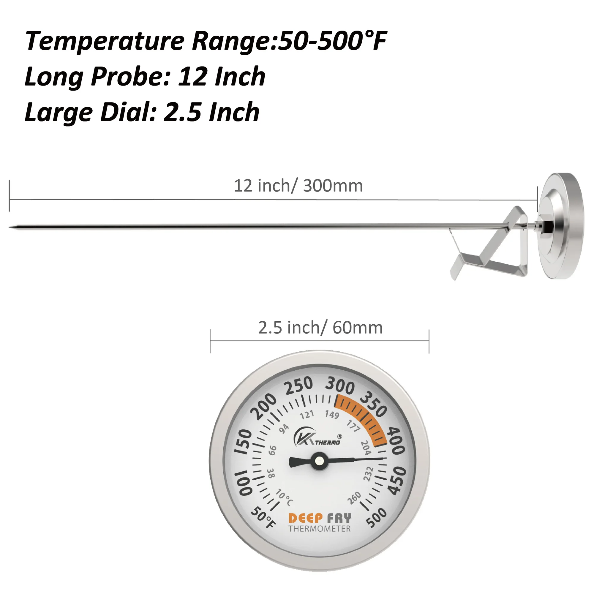 KT Thermo-Deep Fry Candy Thermometer with Stainless Steel Dial, Meat Cooking Thermometer, 12 "Probe, 2.5" 3