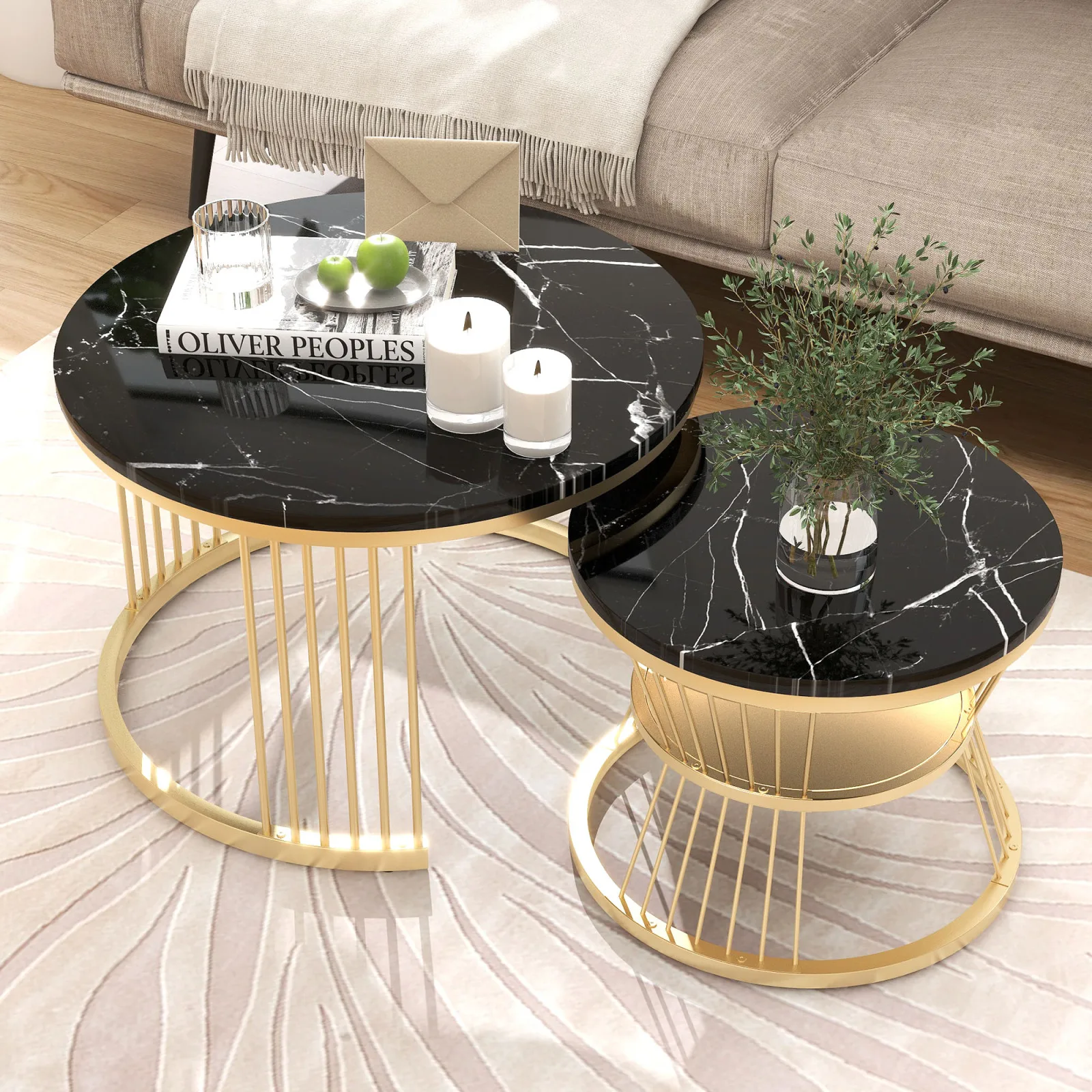 Rosahqnda Runder Marmor Couchtisch (2er Set), MDF Beistelltisch, Metallgestell, für Wohnzimmer, Schlafzimmer, Balkon – Detail 5