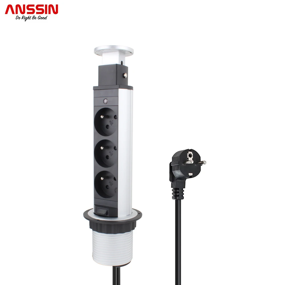 

Anssin Pop Up Electrical Socket, 3-Position French Standard Embedded Outlet For Kitchen Workbench, 1.8M Extension, Silver Case