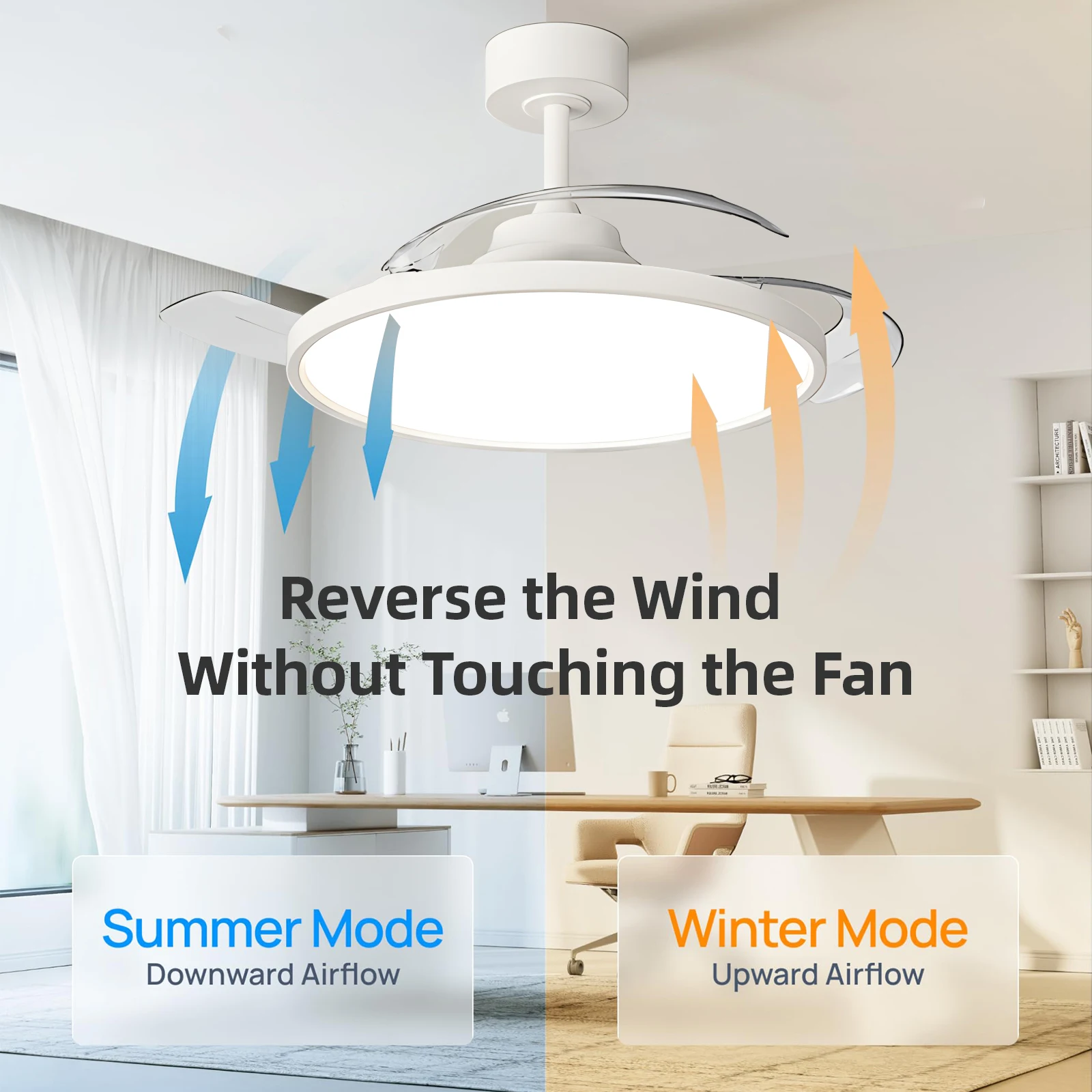 Retractable Ceiling Fan with Lights Remote Control Dimmable 42/48 Inch Modern invisible Ceiling Fan Bedroom Dinning Room 6 Speed