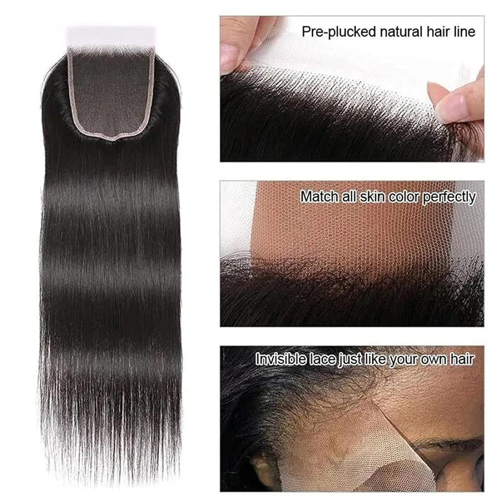 Bone Straight Human Hair Bundles 26 28 30 Inch With Closure Peruvian Hair Weave 3 Bundles With 4x4 Lace Closure Extensions